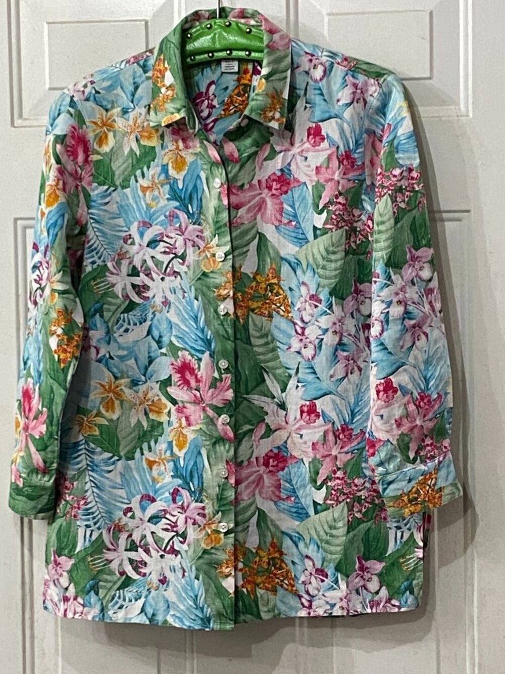 Tommy Bahama Linen Sz XS Womens Blouse Shirt Long Sleeve Multi Tropical Floral